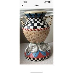 SAFARI WHIMSY Elephant  Vase Handle 10” Tall Multi Color Urn/Vase CBK 2000 VTG